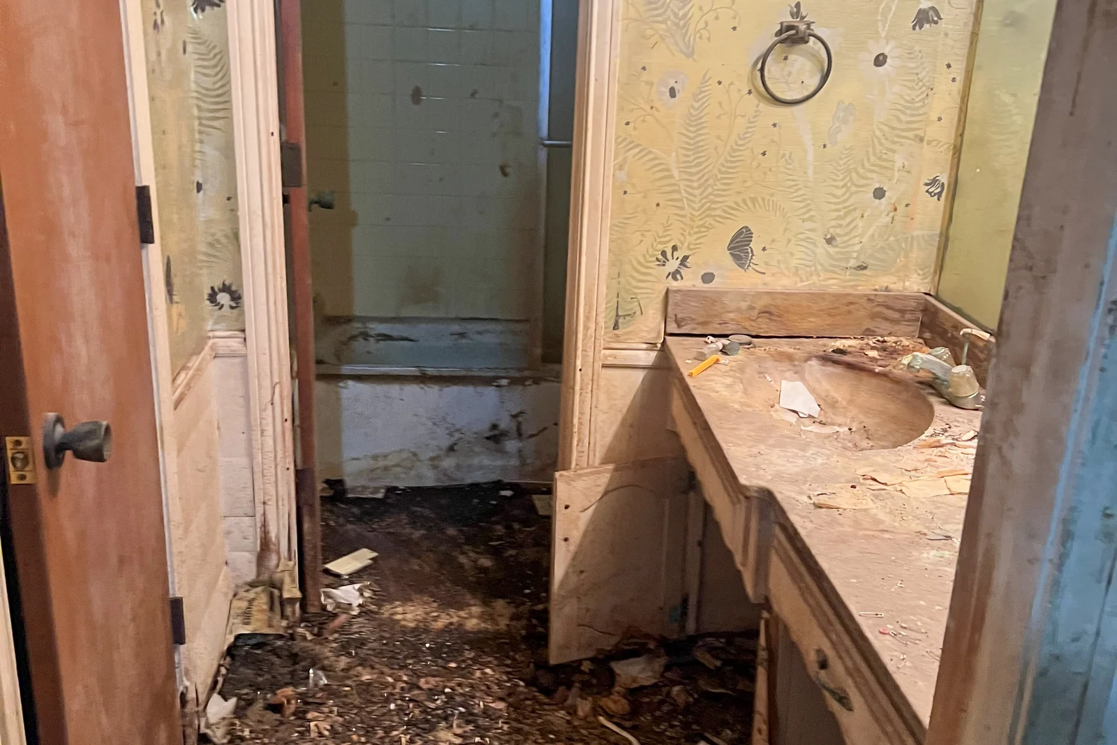 The Plano primary bathroom before renovation, stripped back with the original vanity alcove still in place.
