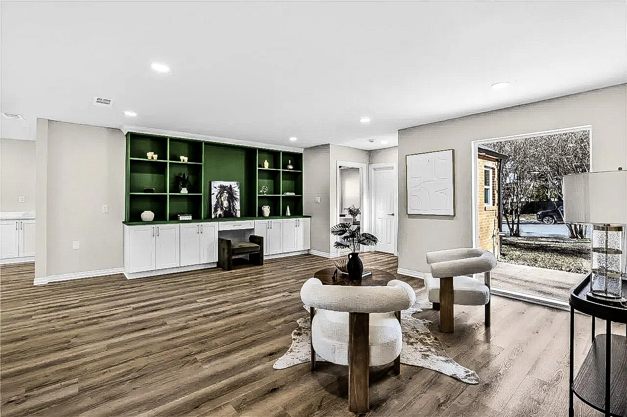 Whole-home remodel with green built-in shelving, white cabinetry, open living space, and wood-look flooring in Lakewood, Dallas.