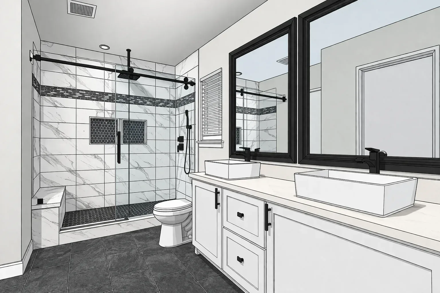 Three-dimensional bathroom design visualization prepared for a residential remodeling project